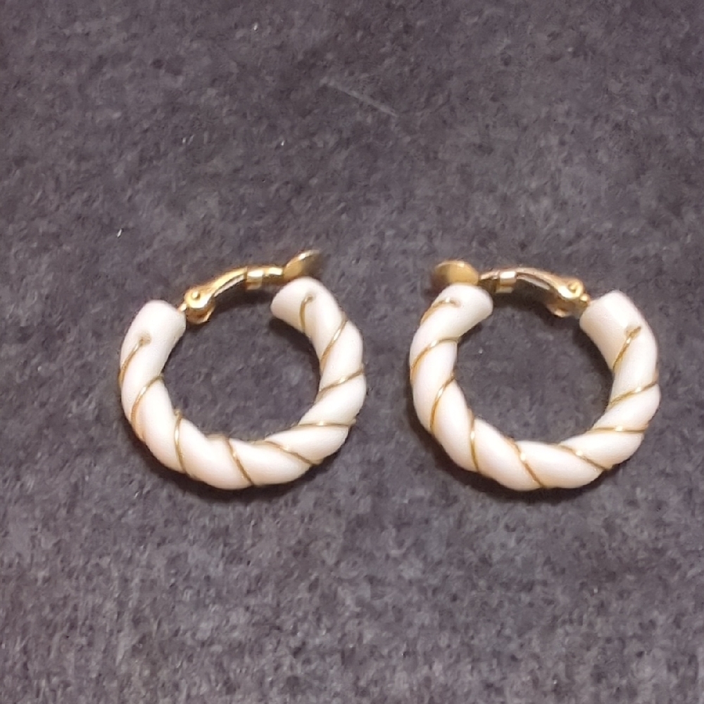 Elegant Gold and White Hoop Clip Earrings